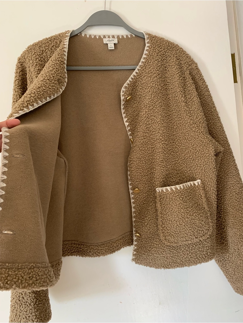 J. Crew Factory Camel Sherpa Blanket-Stitch Jacket with Contrast Trim, Sz Large - Picture 4 of 9